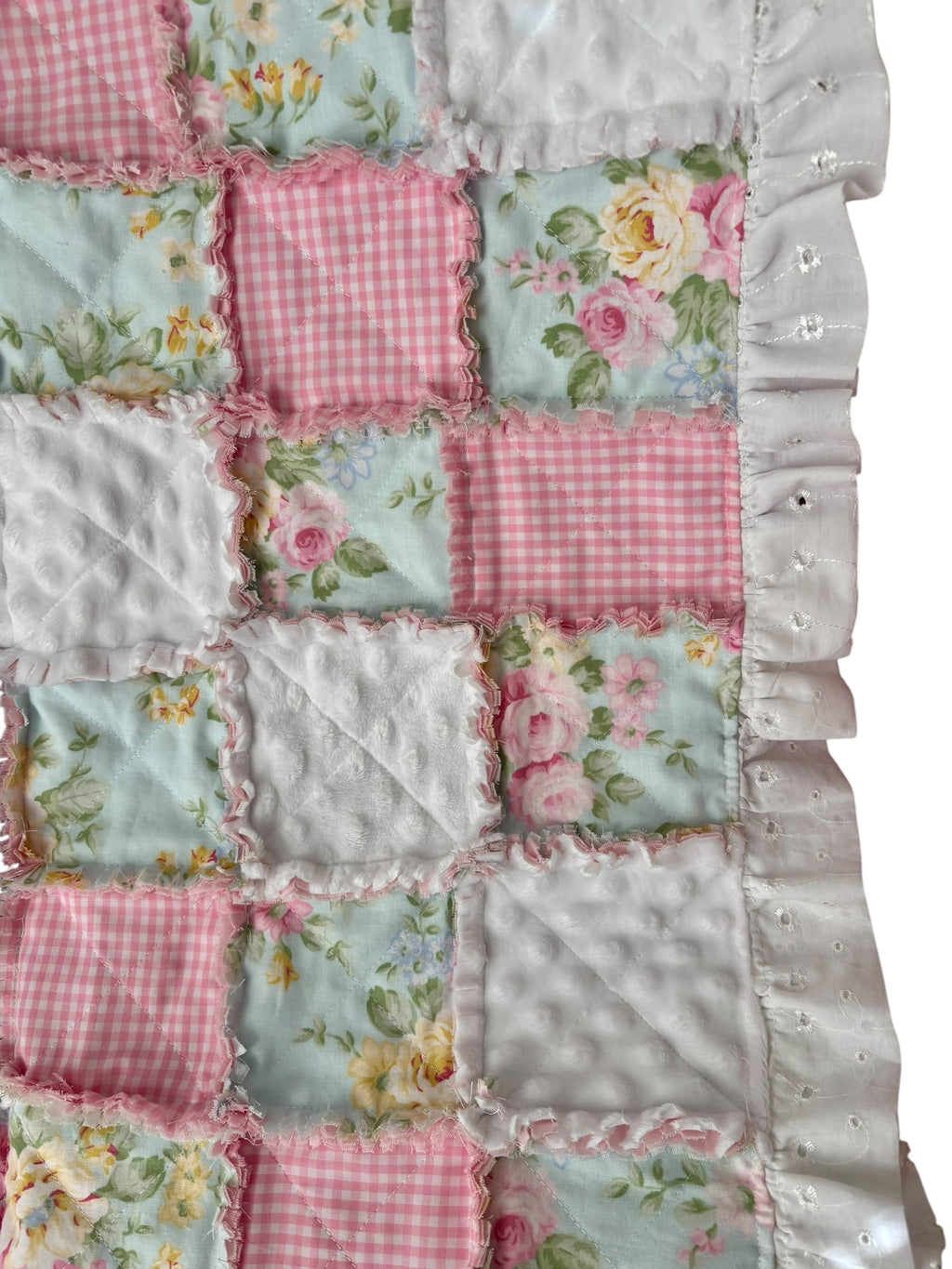 Pastel Floral & Pink Gingham Rag Quilt with Eyelet Ruffle