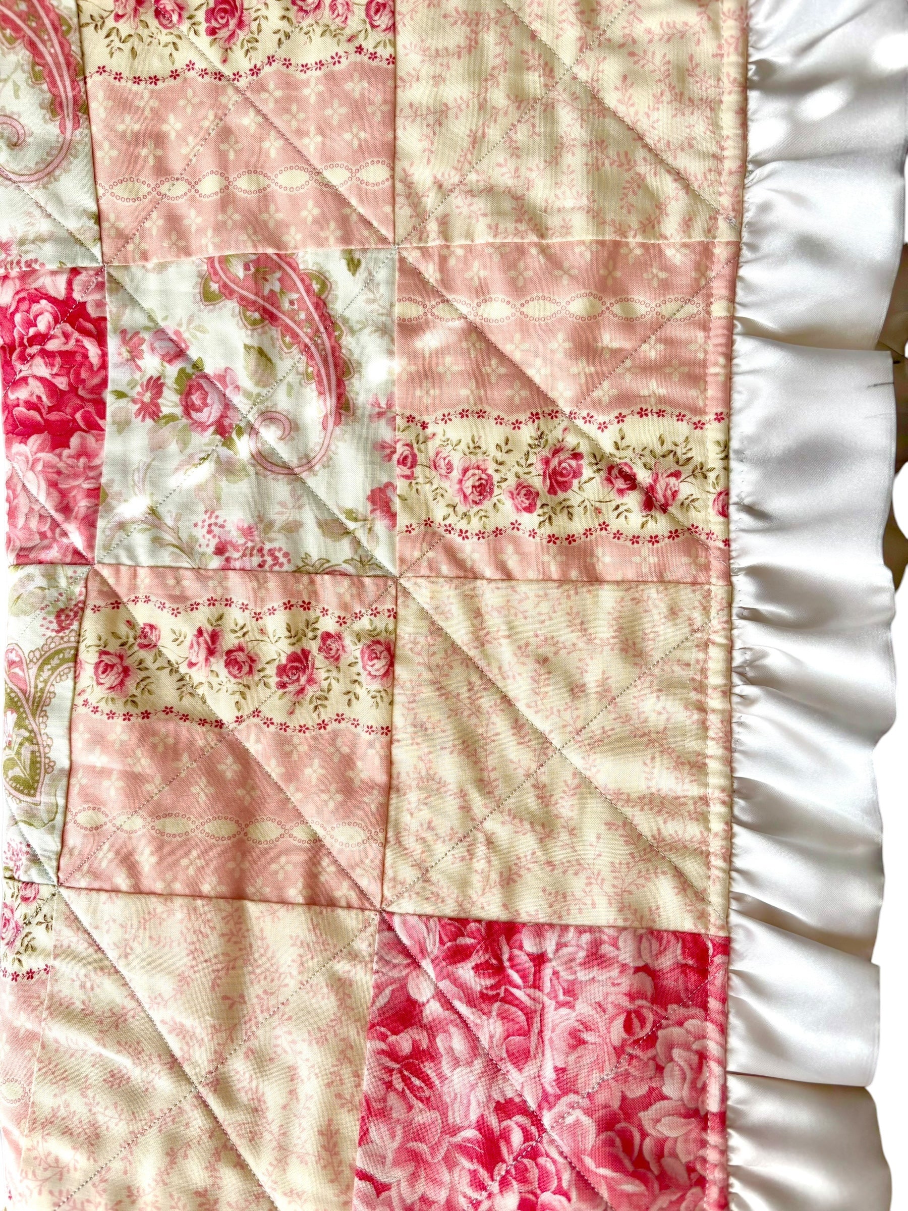 Rose Garden Rag Quilt with Satin Ruffle Edge