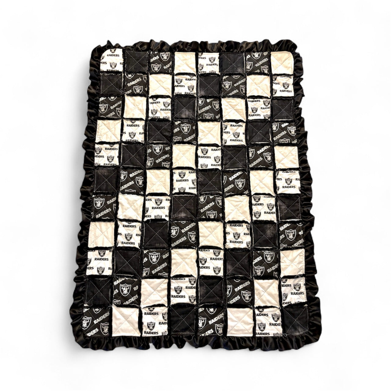 Handmade Raiders Rag Quilt with Black Satin Ruffle & Glitter Squares🖤