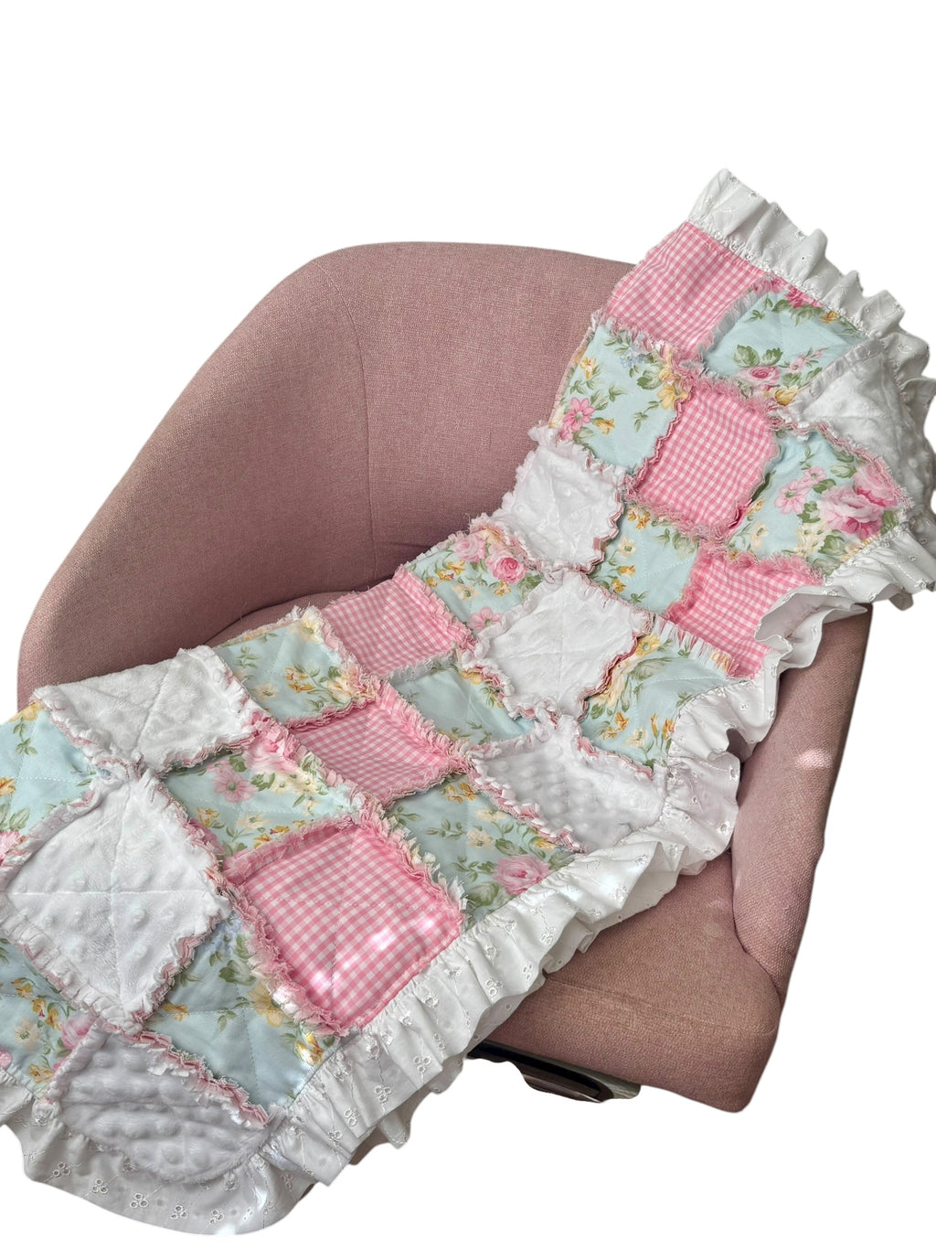 Pastel Floral & Pink Gingham Rag Quilt with Eyelet Ruffle