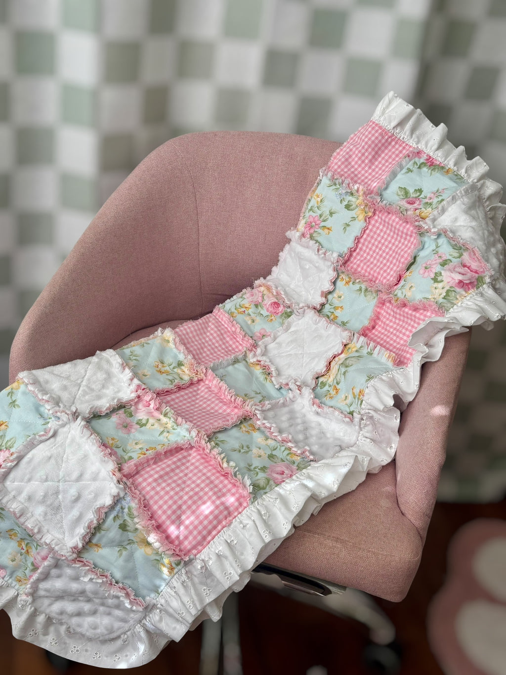 Pastel Floral & Pink Gingham Rag Quilt with Eyelet Ruffle