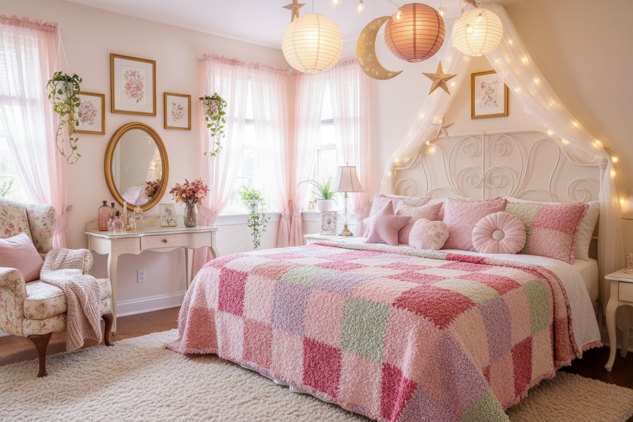 More whimsical room and pink rag quilt